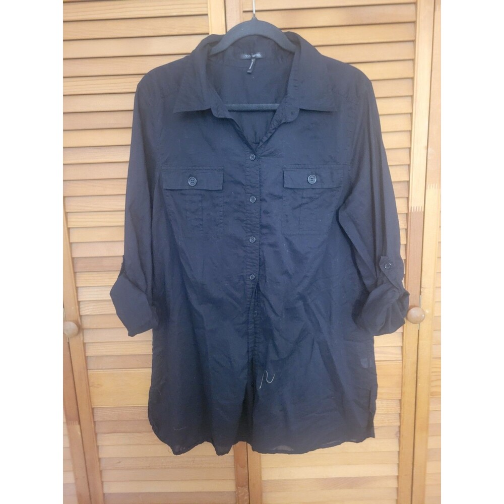 Black Semi Sheer Button Down Sz L Roll Up Sleeves Whimsygoth Punk Grunge Glam